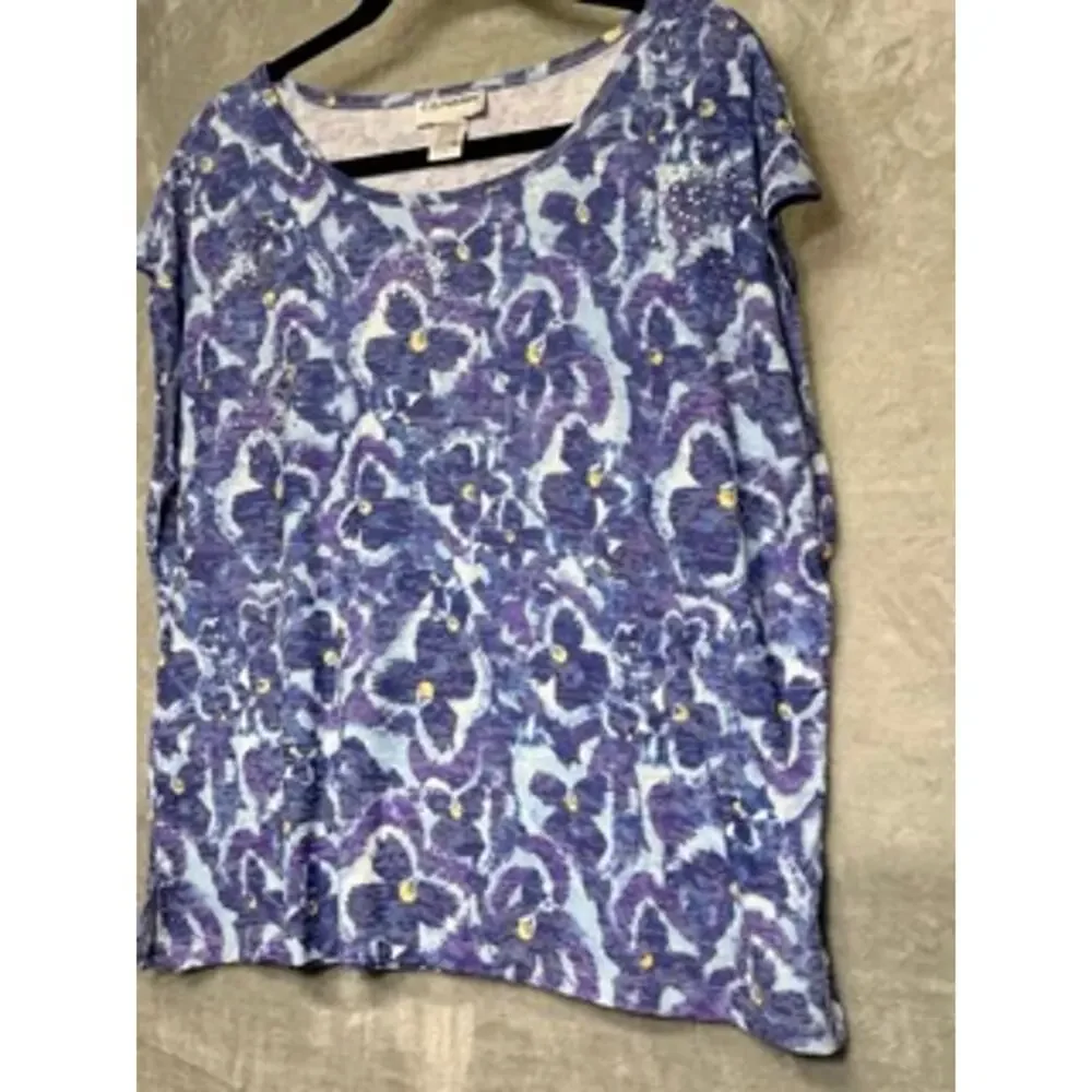 C.D. Petites Purple Blue Floral Embellished Top Large